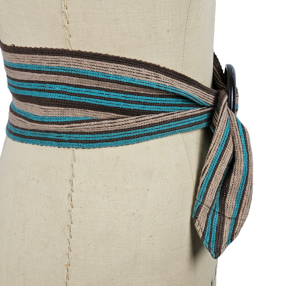 Vintage self tie boho ethnic brown aqua beige woven belt 4 x 37 - Picture 4 of 6